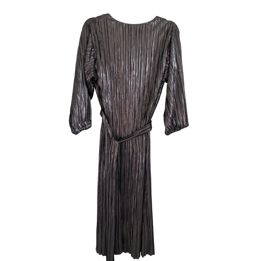 Zara Metallic Bronze MicroPleated Low Back‎ Midi Dress Tie Long Sleeve Womens M